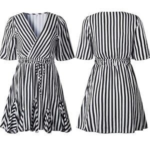 PRETTYGARDEN Womens Striped Wrap V Neck Ruffle Hem Mini Skater Dresses